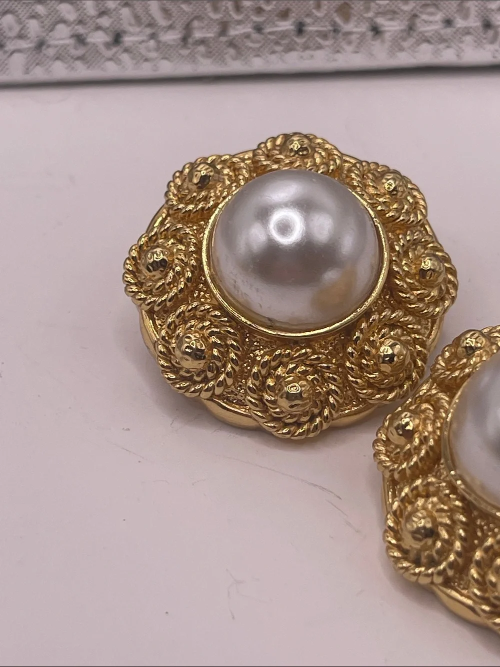 07.08.26-3 St. John Goldtone Filigree & Faux Pearl Button Clip on Earrings